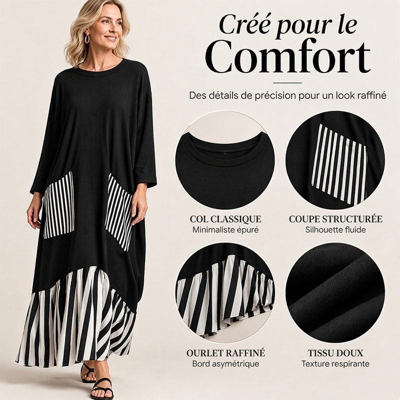 Robe longue maxi à manches longues et patchwork rayé pour femme