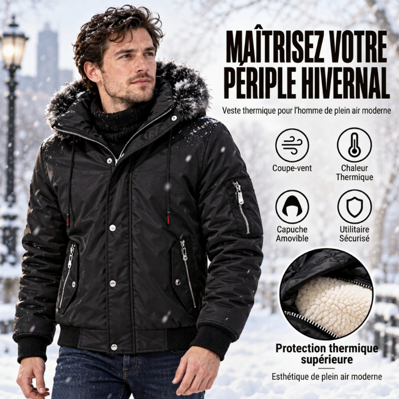 Veste d'hiver décontractée pour homme avec capuche en fausse fourrure