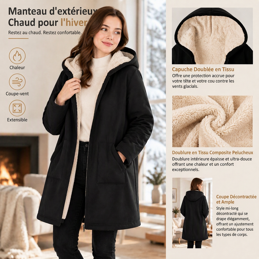 Manteau femme mi-long à capuche, doublure en tissu, manches longues, couleur unie, chaud pour automne et hiver