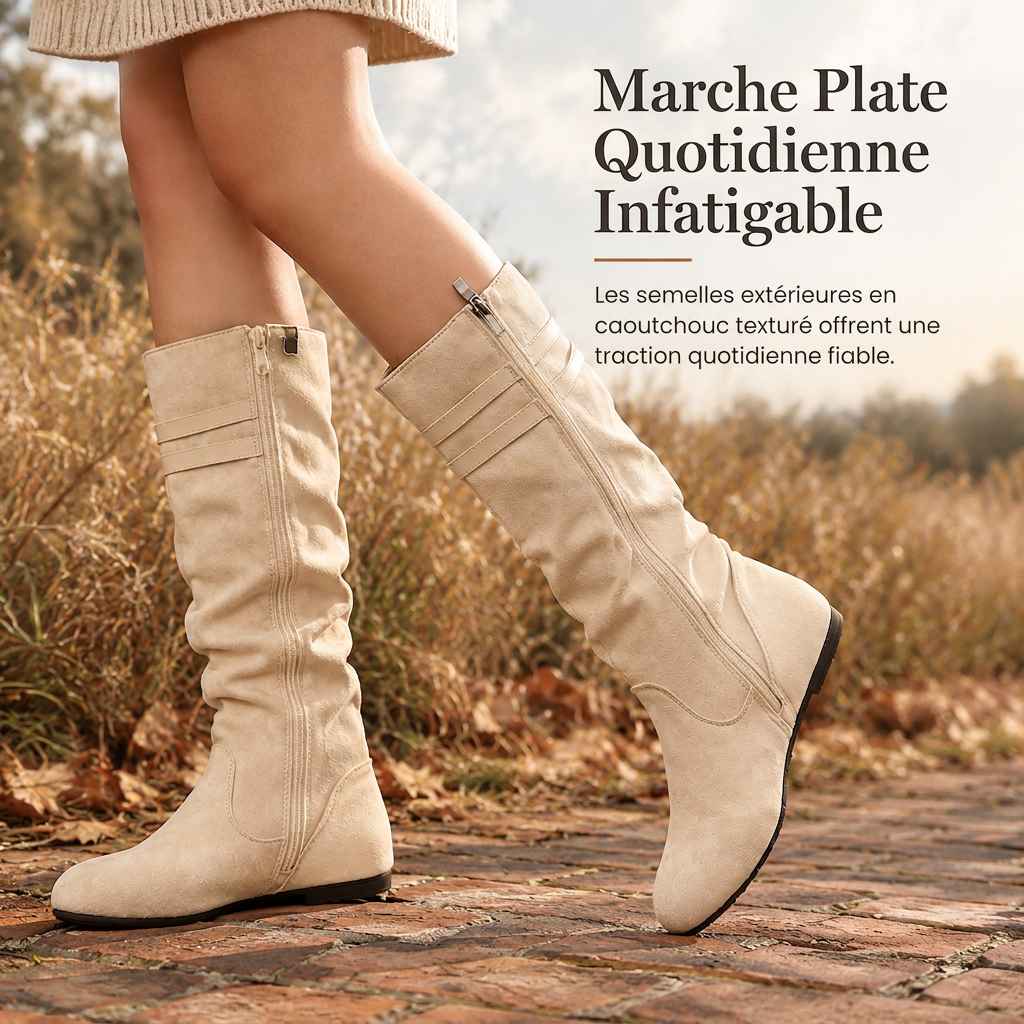 Bottes hautes genouillères femme rétro en daim slouchy confortables à semelle plate et double boucle