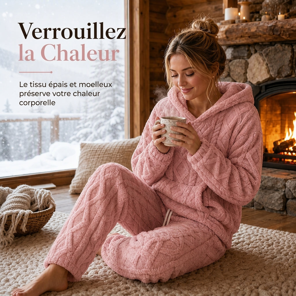 Ensemble de détente 2 pièces en tissu pelucheux pour femme, sweat à capuche et pantalon