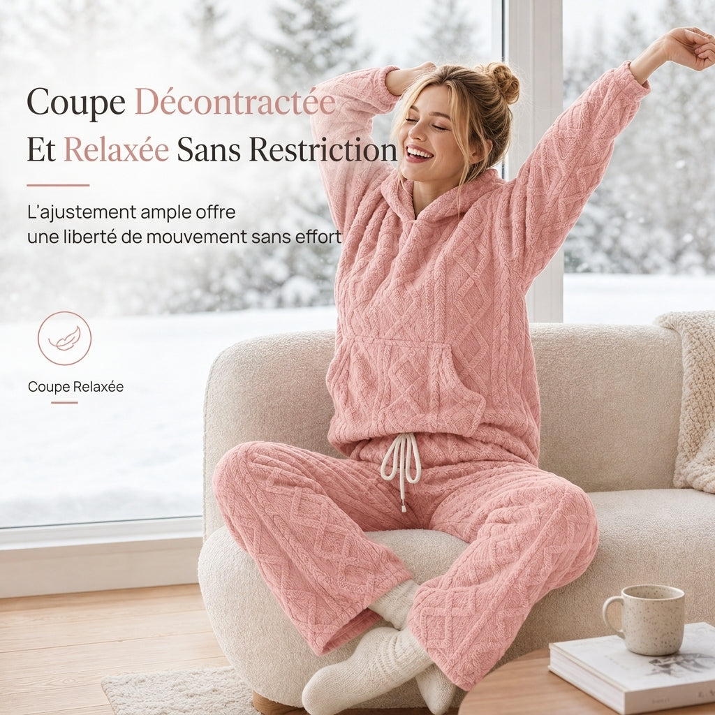 Ensemble de détente 2 pièces en tissu pelucheux pour femme, sweat à capuche et pantalon