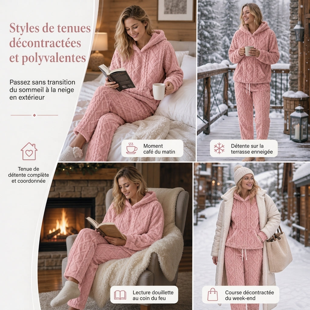 Ensemble de détente 2 pièces en tissu pelucheux pour femme, sweat à capuche et pantalon