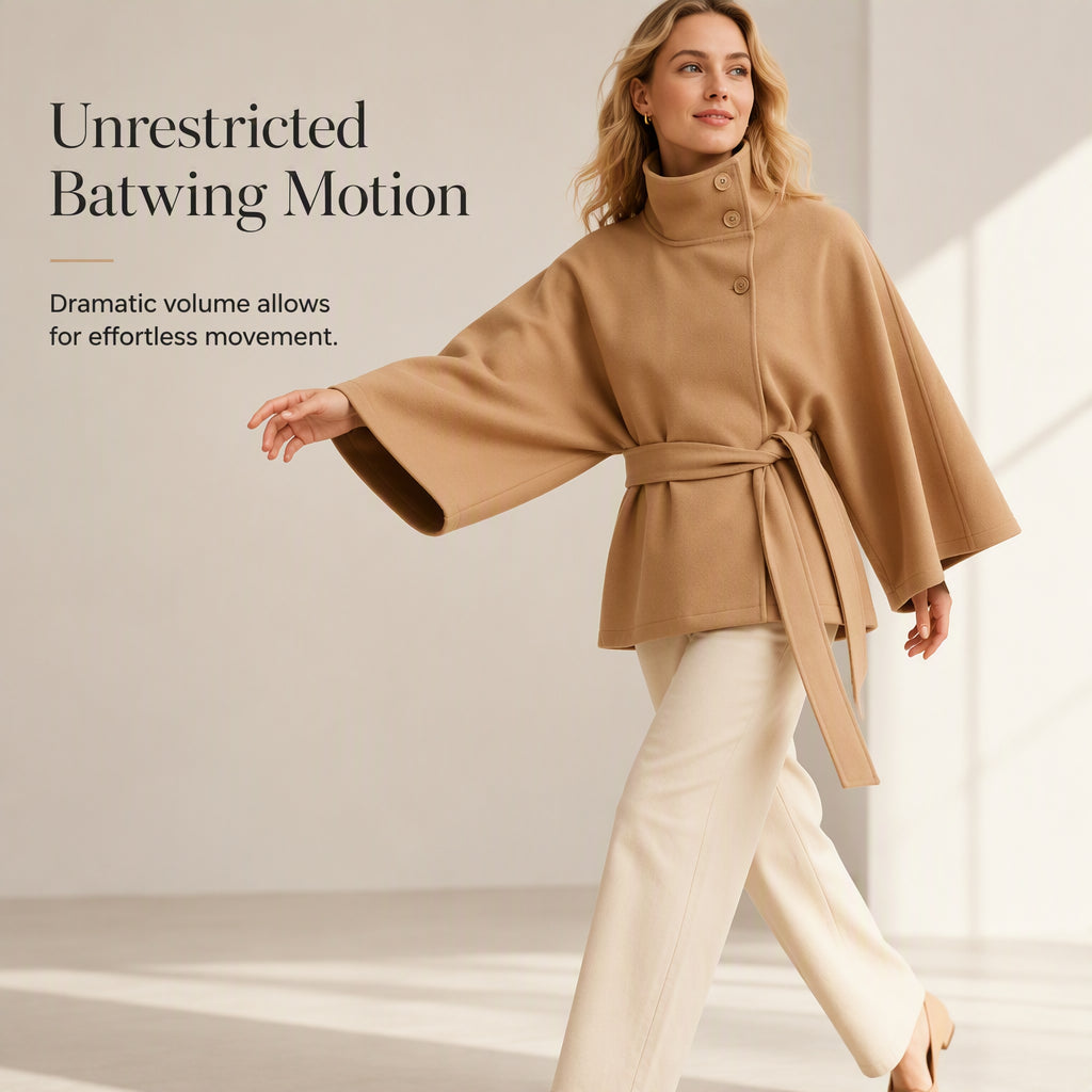 Trench-cape pour femme, col montant, boutons et ceinture