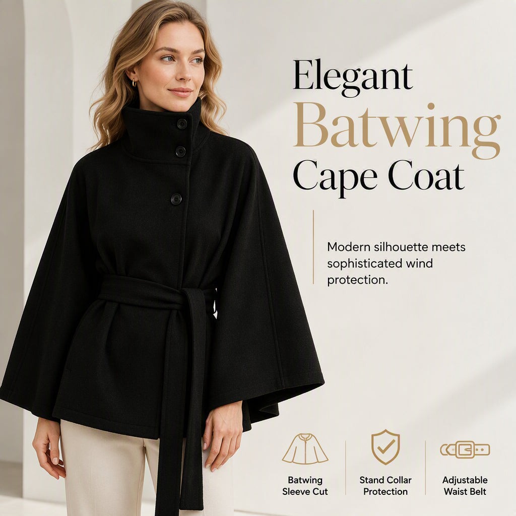 Trench-cape pour femme, col montant, boutons et ceinture