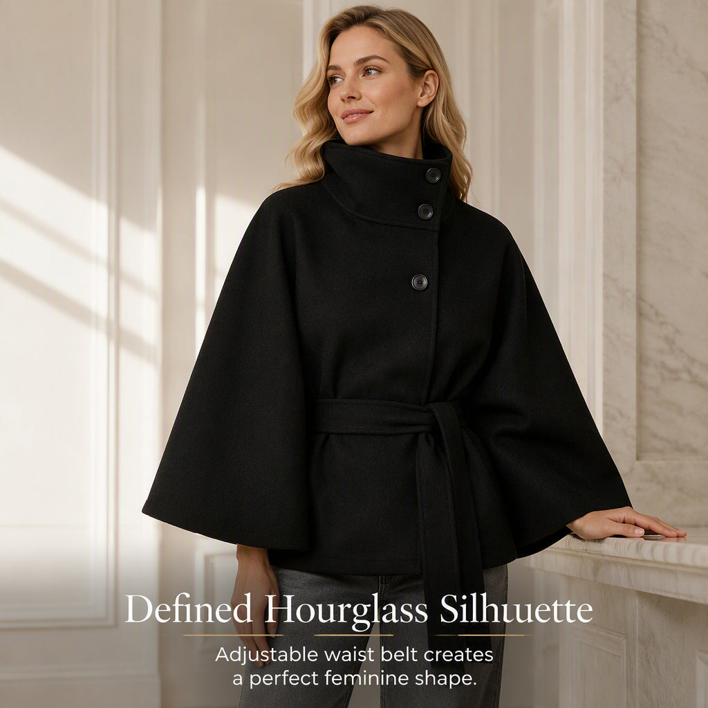 Trench-cape pour femme, col montant, boutons et ceinture