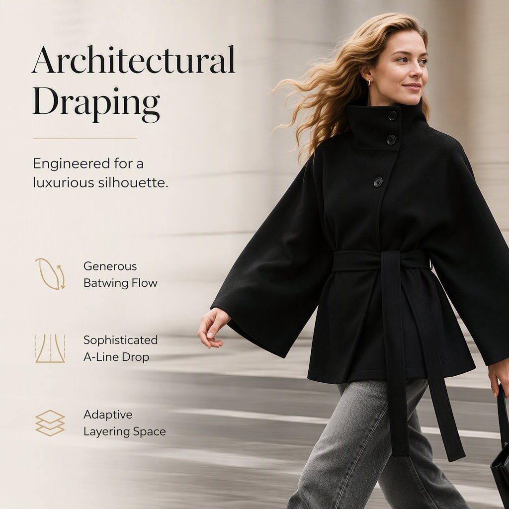 Trench-cape pour femme, col montant, boutons et ceinture