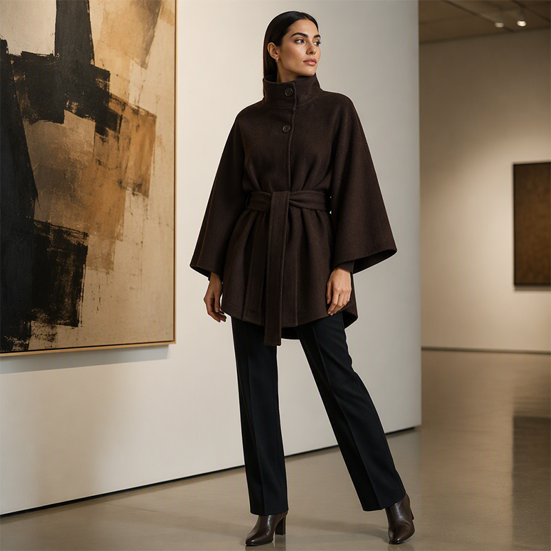 Trench-cape pour femme, col montant, boutons et ceinture