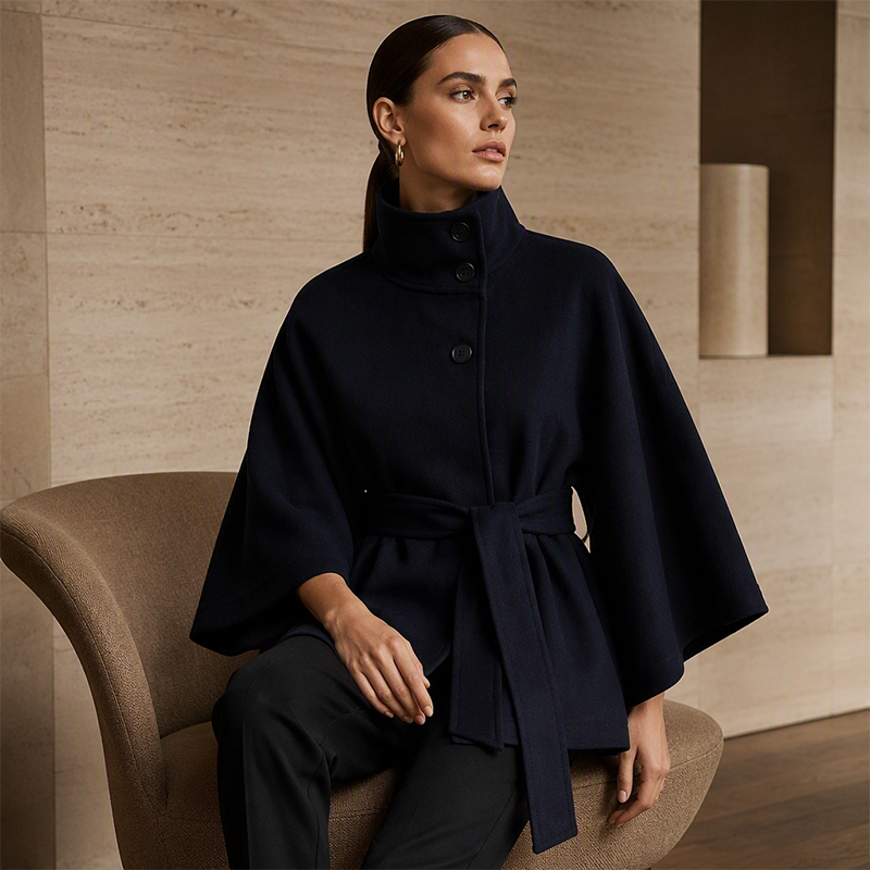 Trench-cape pour femme, col montant, boutons et ceinture