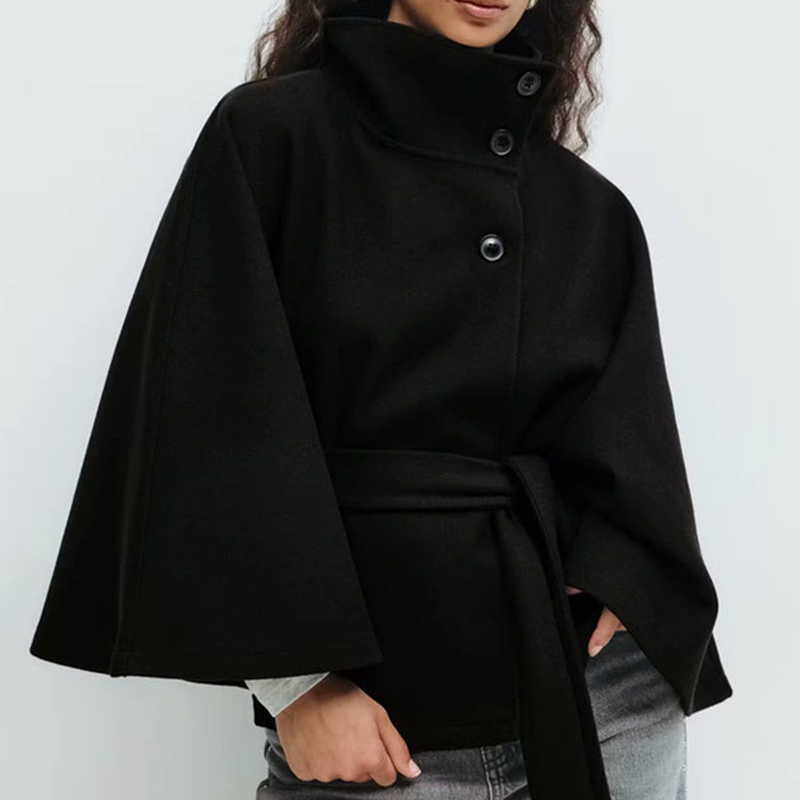 Trench-cape pour femme, col montant, boutons et ceinture