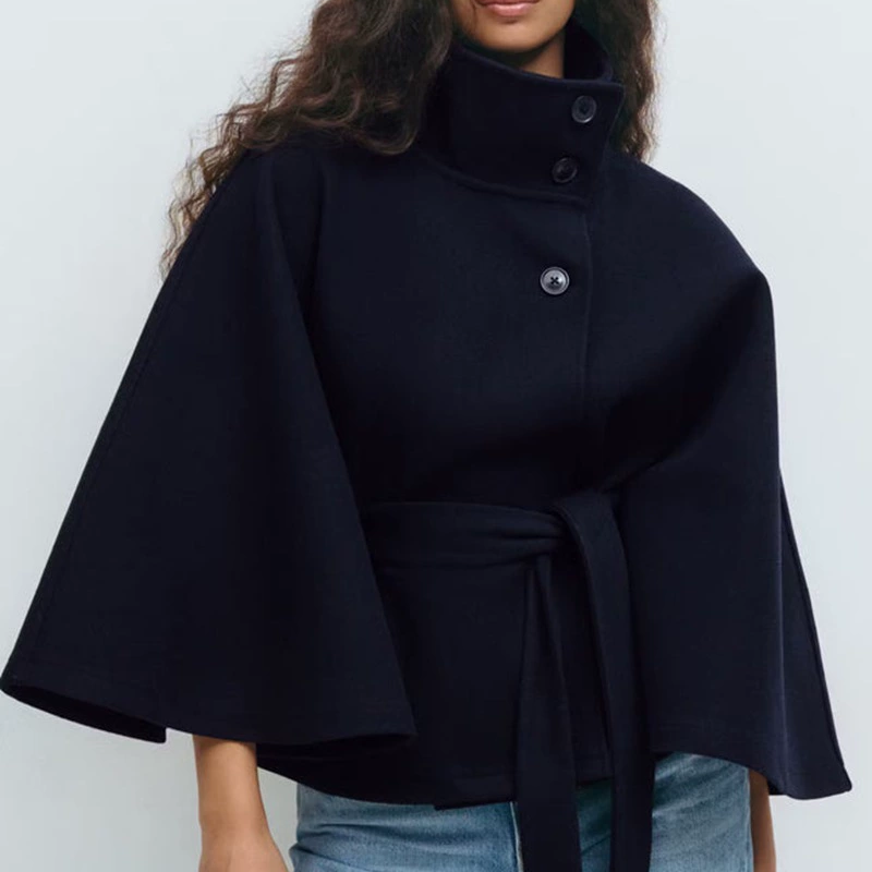 Trench-cape pour femme, col montant, boutons et ceinture