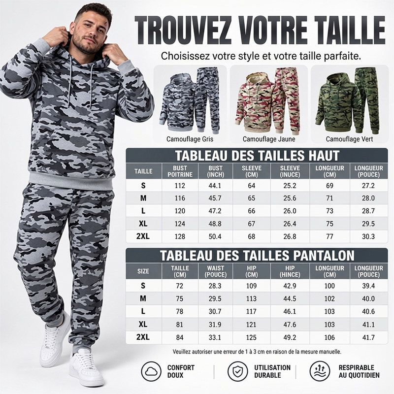 Ensemble à capuche et pantalon camouflage pour homme avec doublure en peluche
