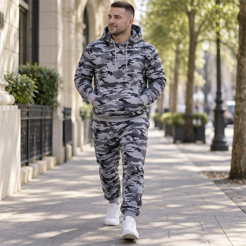 Ensemble à capuche et pantalon camouflage pour homme avec doublure en peluche