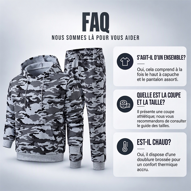 Ensemble à capuche et pantalon camouflage pour homme avec doublure en peluche