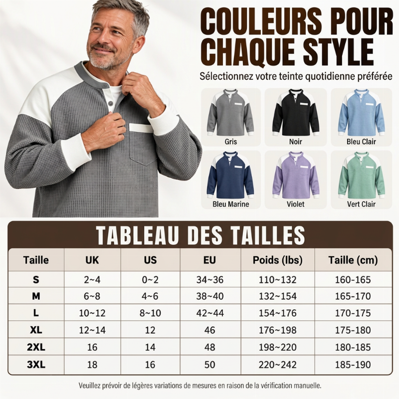 Haut Henley décontracté en maille gaufrée à blocs de couleurs pour hommes