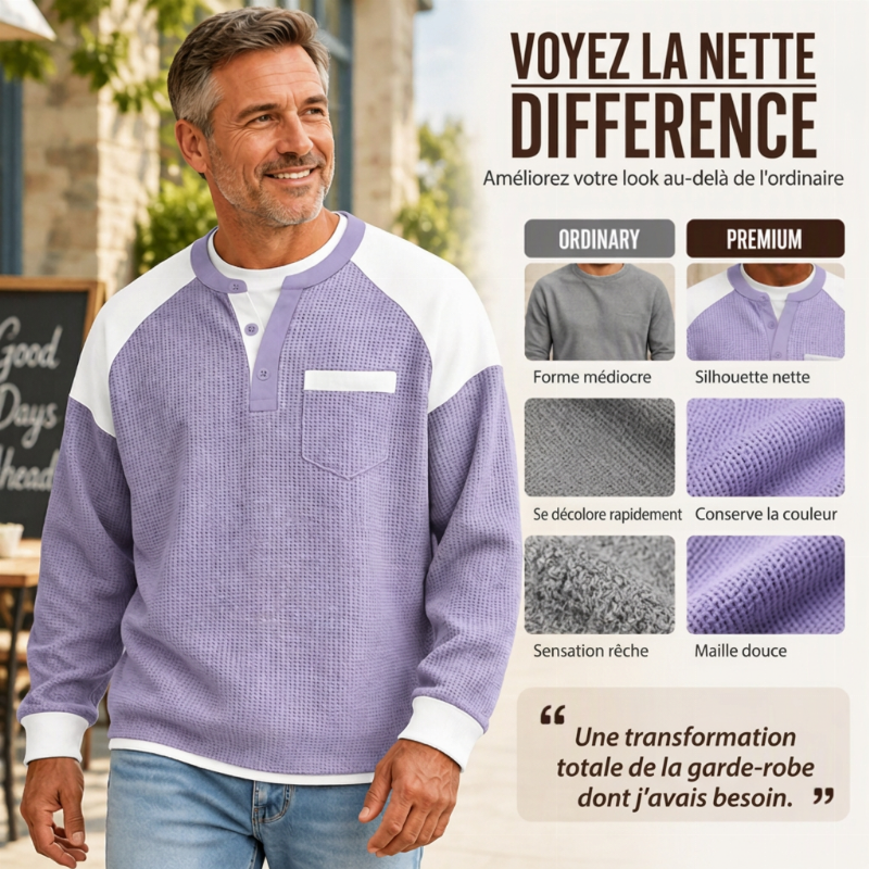 Haut Henley décontracté en maille gaufrée à blocs de couleurs pour hommes