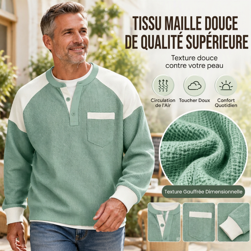 Haut Henley décontracté en maille gaufrée à blocs de couleurs pour hommes
