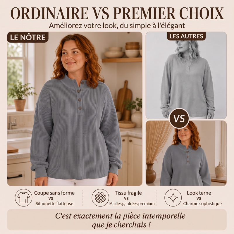Sweat Henley en maille gaufrière pour femme