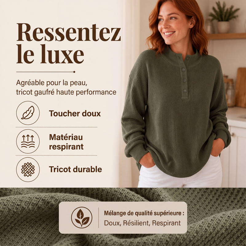 Sweat Henley en maille gaufrière pour femme