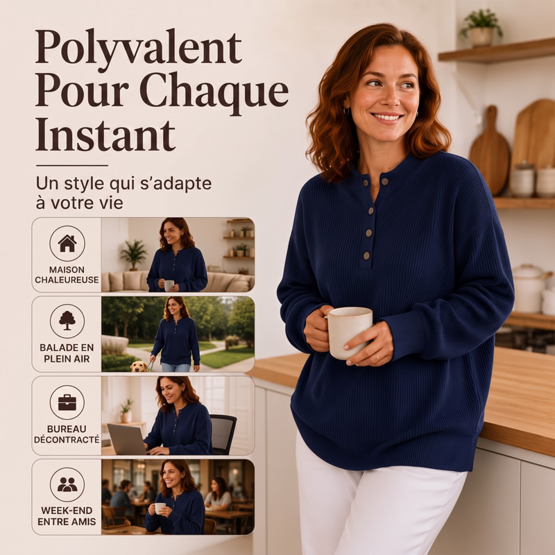Sweat Henley en maille gaufrière pour femme