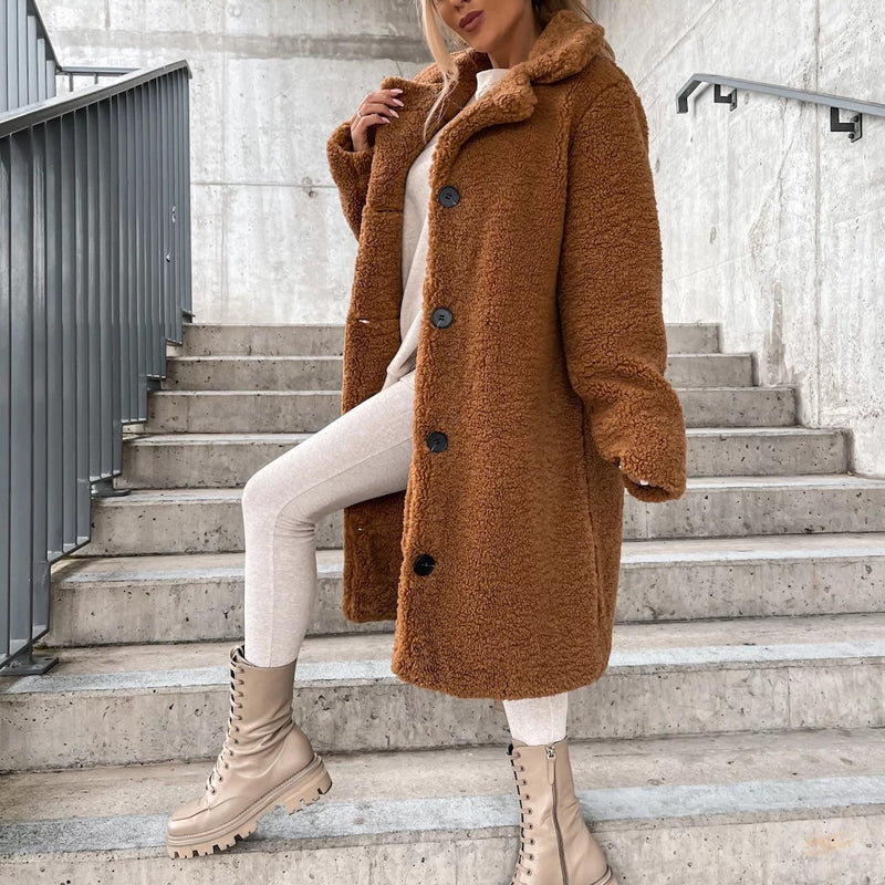 Manteau d'hiver chaud en peluche pour femme, à col tailleur et boutons pression