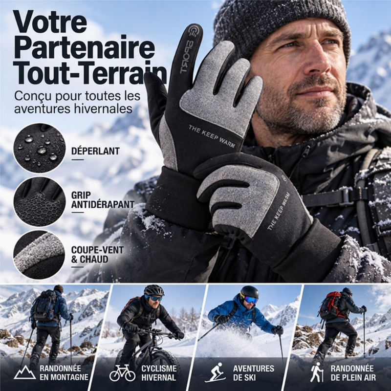 🎁-50% DE RÉDUCTION ! 🧤Gants de Sport Coupe-Vent Tactiles, Gants de Cyclisme Chauds Antidérapants pour Randonnée, Moto et Activités Extérieures