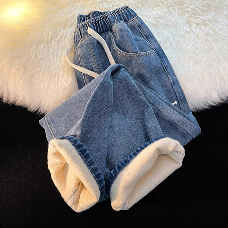 Jeans en denim droit pour femme, doublure chaude