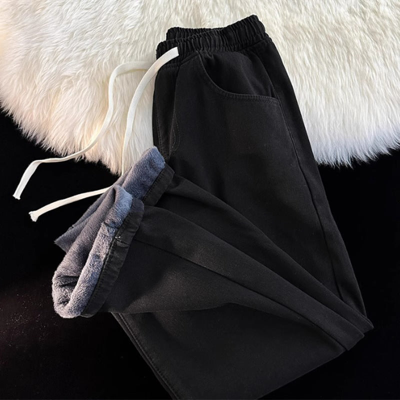 Jeans en denim droit pour femme, doublure chaude