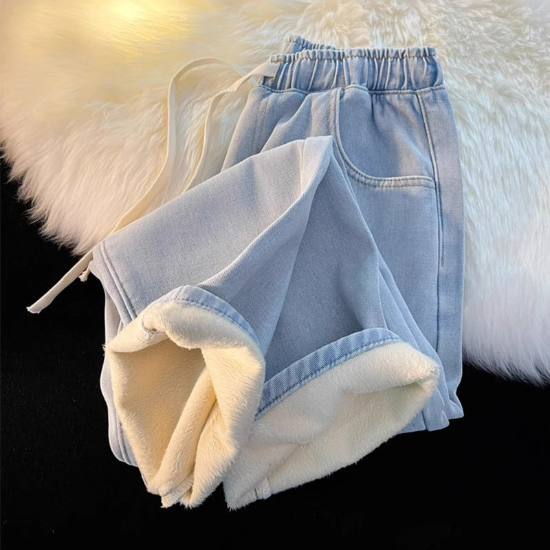 Jeans en denim droit pour femme, doublure chaude