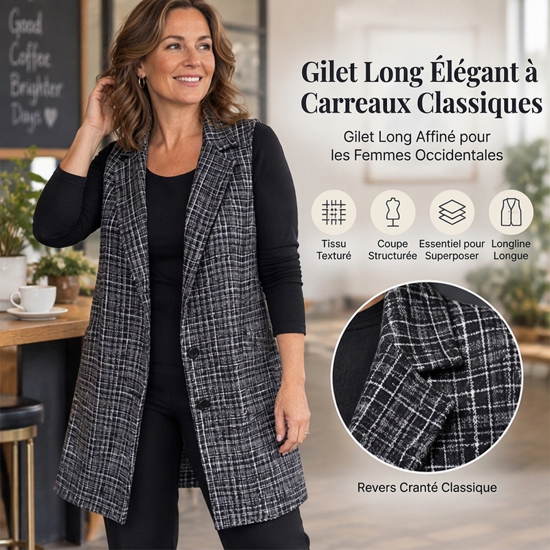 Gilet long à carreaux pour femme avec col à revers