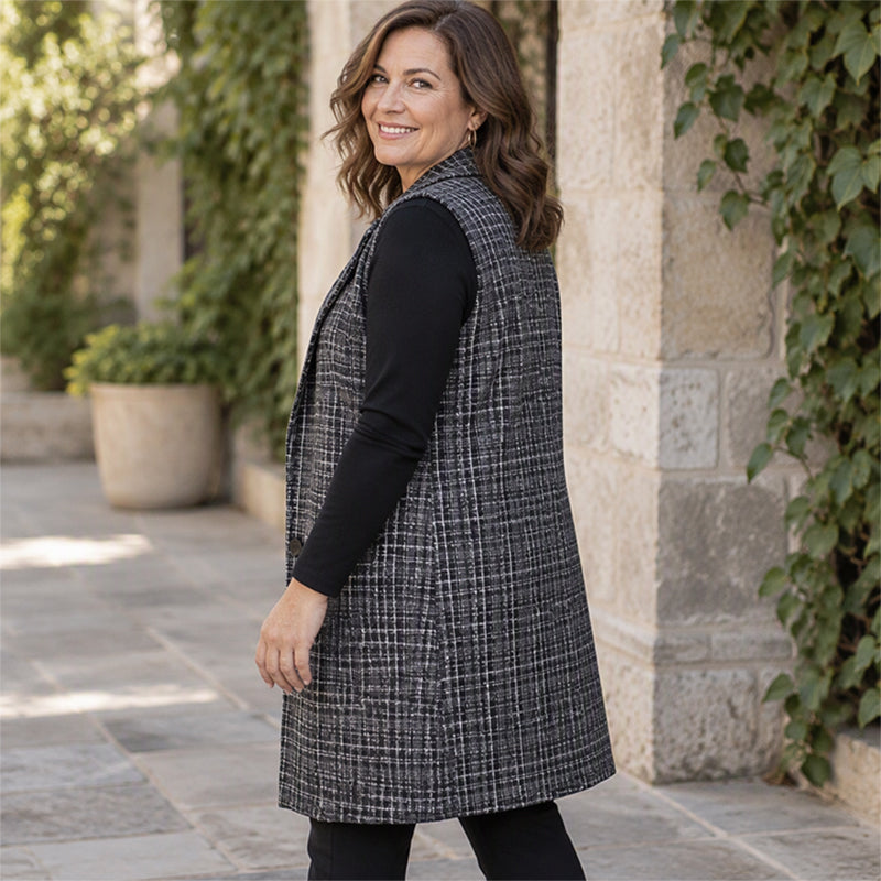 Gilet long à carreaux pour femme avec col à revers