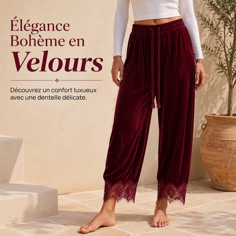 Pantalon large en velours pour femmes avec garniture en dentelle