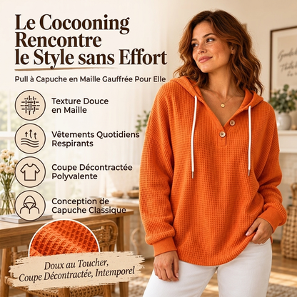 Sweat-shirt à capuche Henley en maille nid d'abeille pour femme
