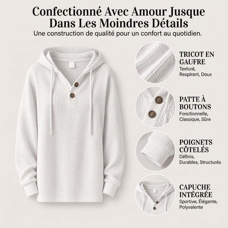 Sweat-shirt à capuche Henley en maille nid d'abeille pour femme