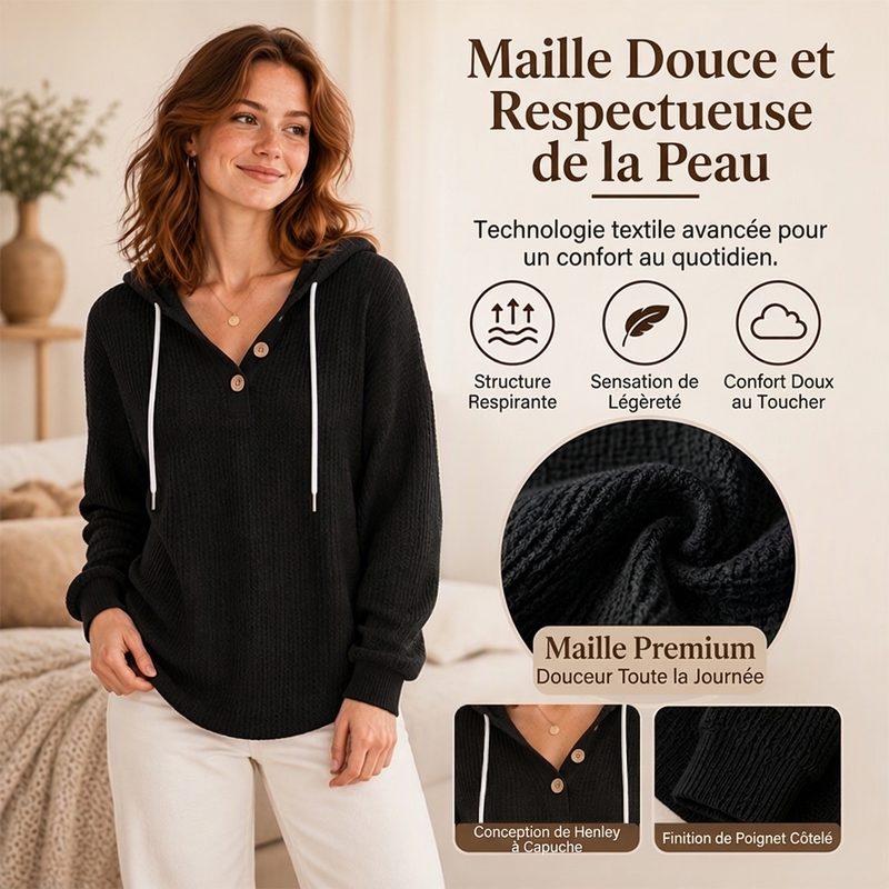 Sweat-shirt à capuche Henley en maille nid d'abeille pour femme