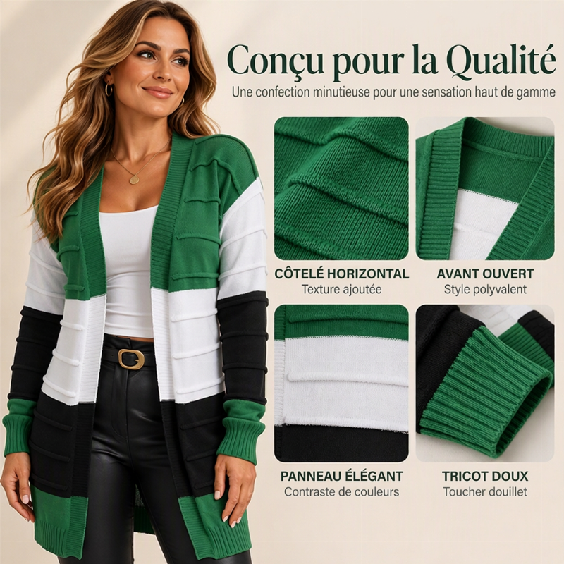Cardigan en maille à ouverture sans fermeture et bloc de couleurs pour femme