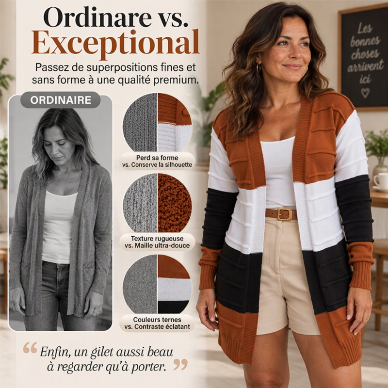 Cardigan en maille à ouverture sans fermeture et bloc de couleurs pour femme