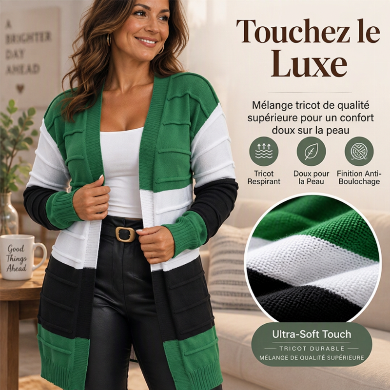 Cardigan en maille à ouverture sans fermeture et bloc de couleurs pour femme