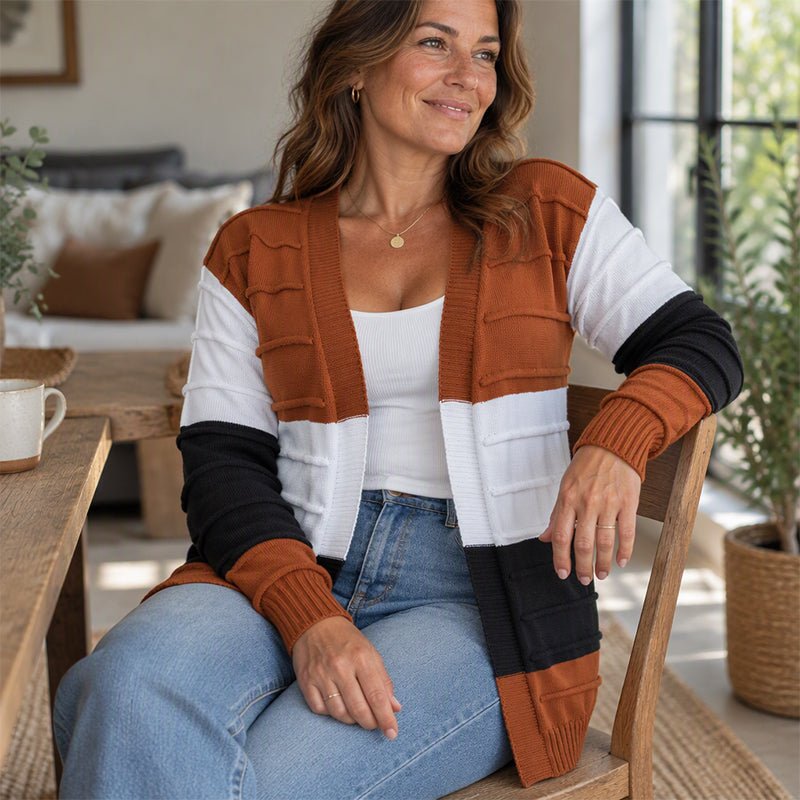 Cardigan en maille à ouverture sans fermeture et bloc de couleurs pour femme