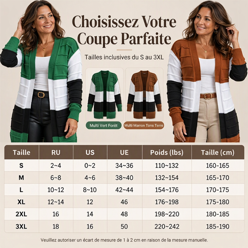 Cardigan en maille à ouverture sans fermeture et bloc de couleurs pour femme