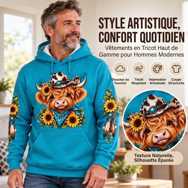 Hoodie à capuche à poche avec imprimé vache Highland pour homme