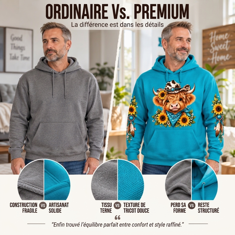 Hoodie à capuche à poche avec imprimé vache Highland pour homme