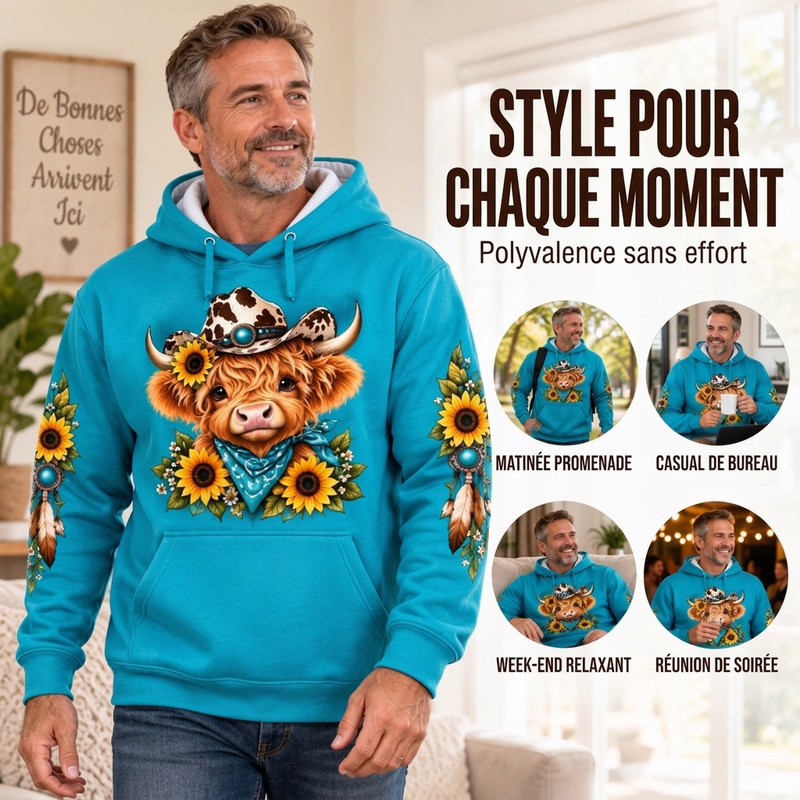 Hoodie à capuche à poche avec imprimé vache Highland pour homme