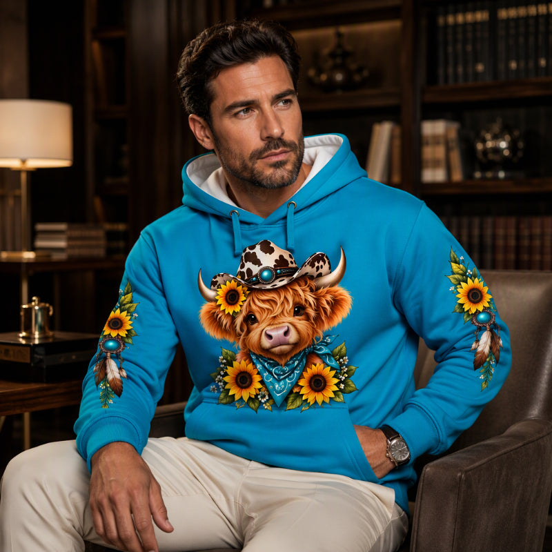 Hoodie à capuche à poche avec imprimé vache Highland pour homme