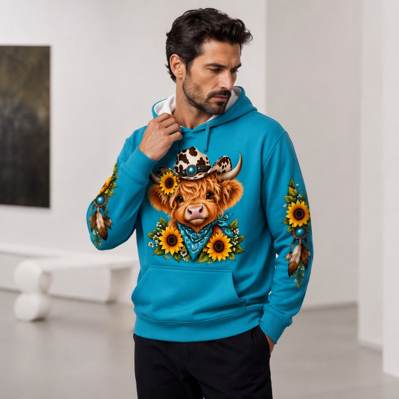 Hoodie à capuche à poche avec imprimé vache Highland pour homme
