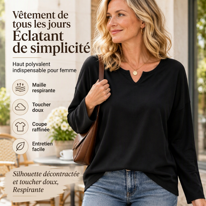Haut à manches longues décontracté pour femmes, col V à encoche