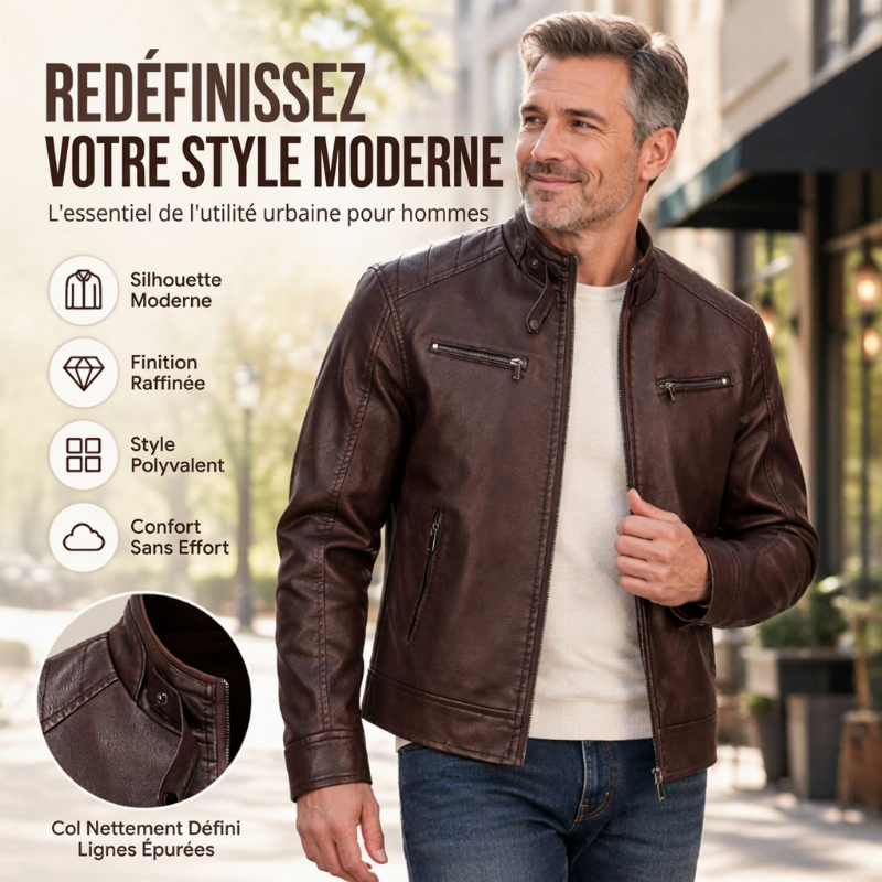 Veste en cuir PU à col montant stylée pour homme