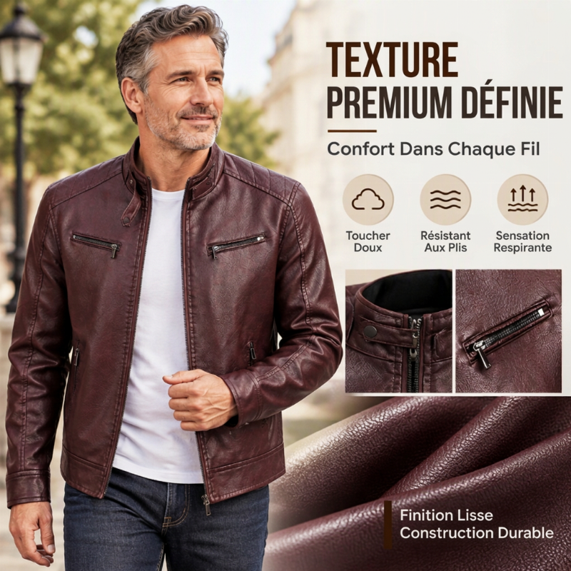 Veste en cuir PU à col montant stylée pour homme