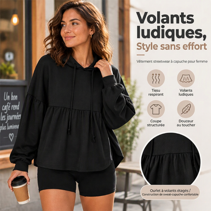 Sweat-shirt à capuche ample avec ourlet volanté pour femme