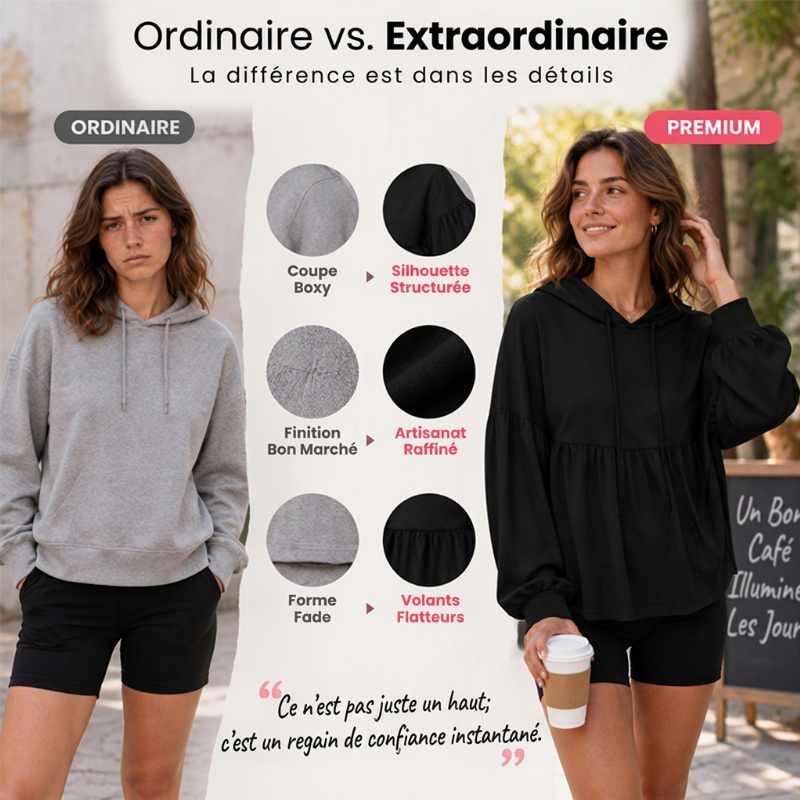 Sweat-shirt à capuche ample avec ourlet volanté pour femme